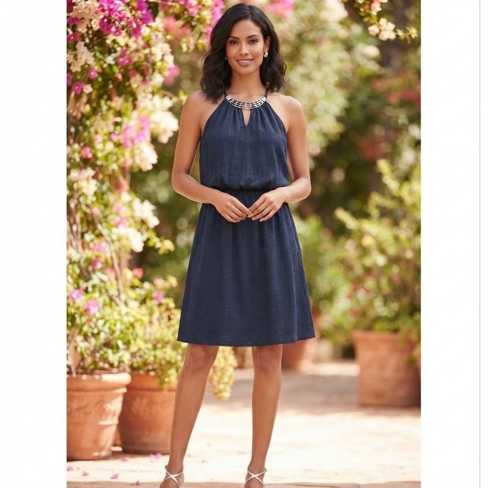 As U Wish Navy Blue Halter Dress Silver Neck Detail Elastic Waist Size M